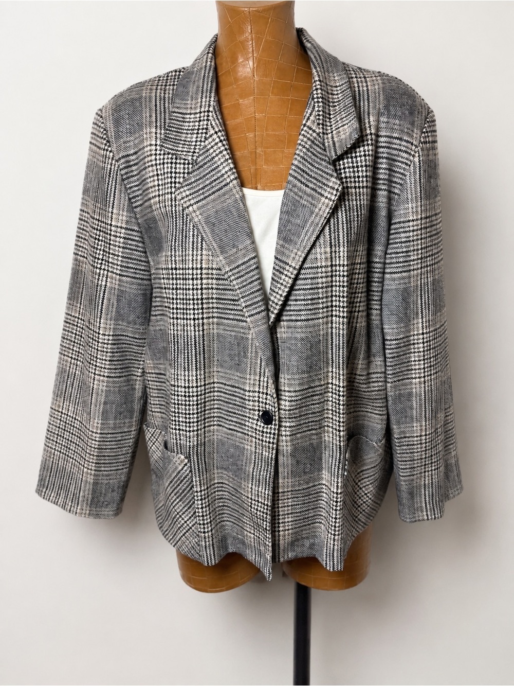 Blair Women’s Plaid Open Front Blazer Jacket Black, Cream & Taupe